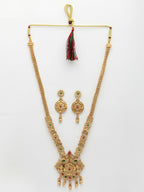 NVR Women's Gold-Polished Pink & Green Stone-Studded Peacock Design Temple Jewellery Set | Grocsy
