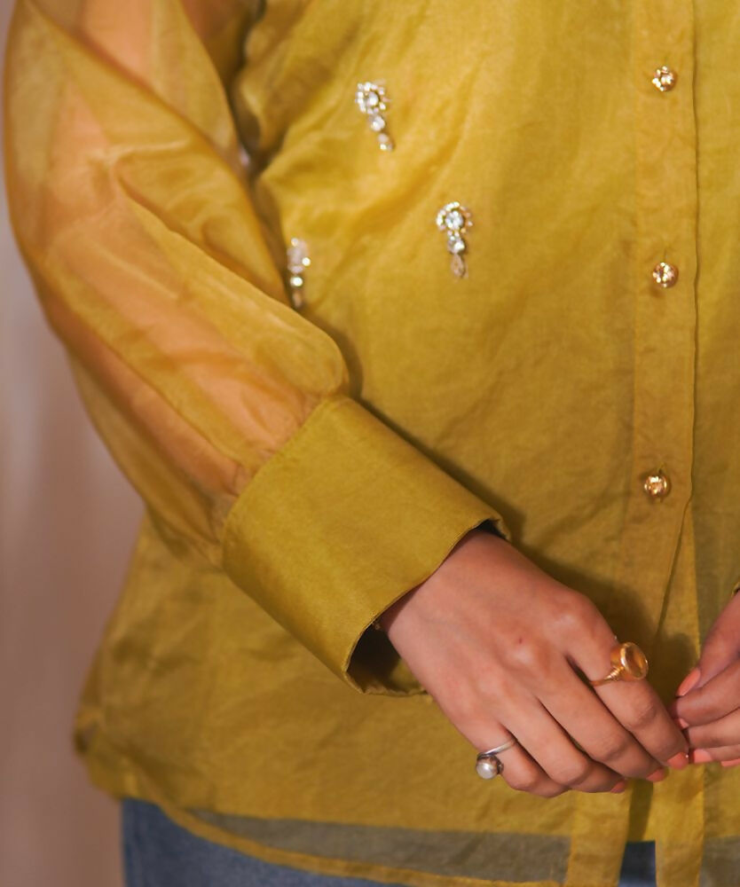 Timaraa Olive Glow Organza Hand-Embellished Shirt | Grocsy