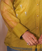 Timaraa Olive Glow Organza Hand-Embellished Shirt | Grocsy