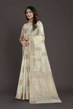 Off White Pure Raw Silk Zari Woven Saree with Unstitched Blouse Piece - Alisha | Grocsy