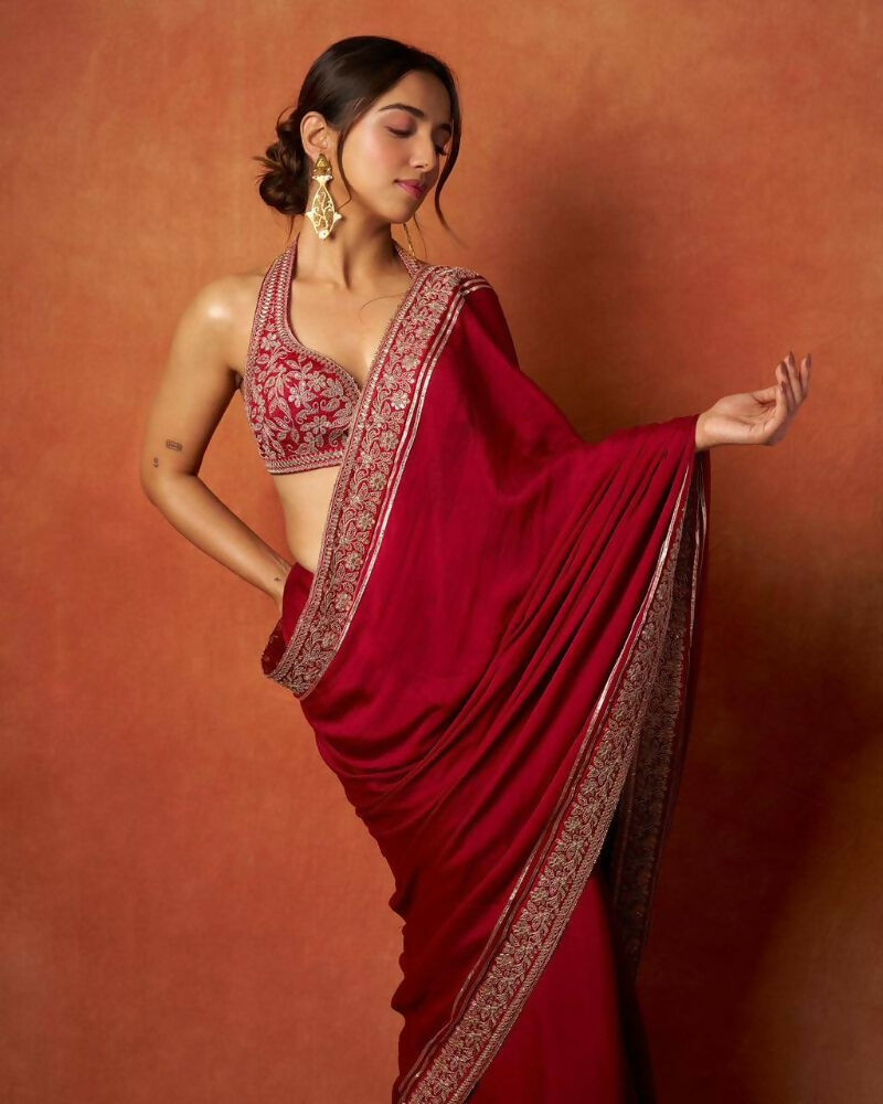 Joban Fashion Red Fandy Satin Silk Party Wear Sarees | Grocsy