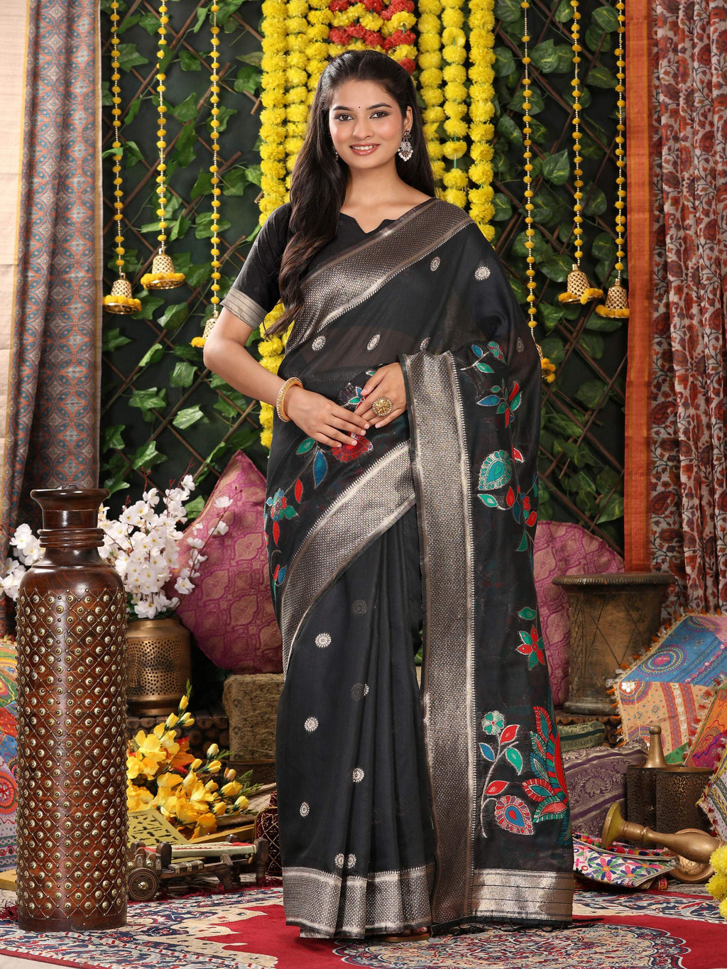 Shree Shyam Fashion Linen Cotton Black Saree | Grocsy