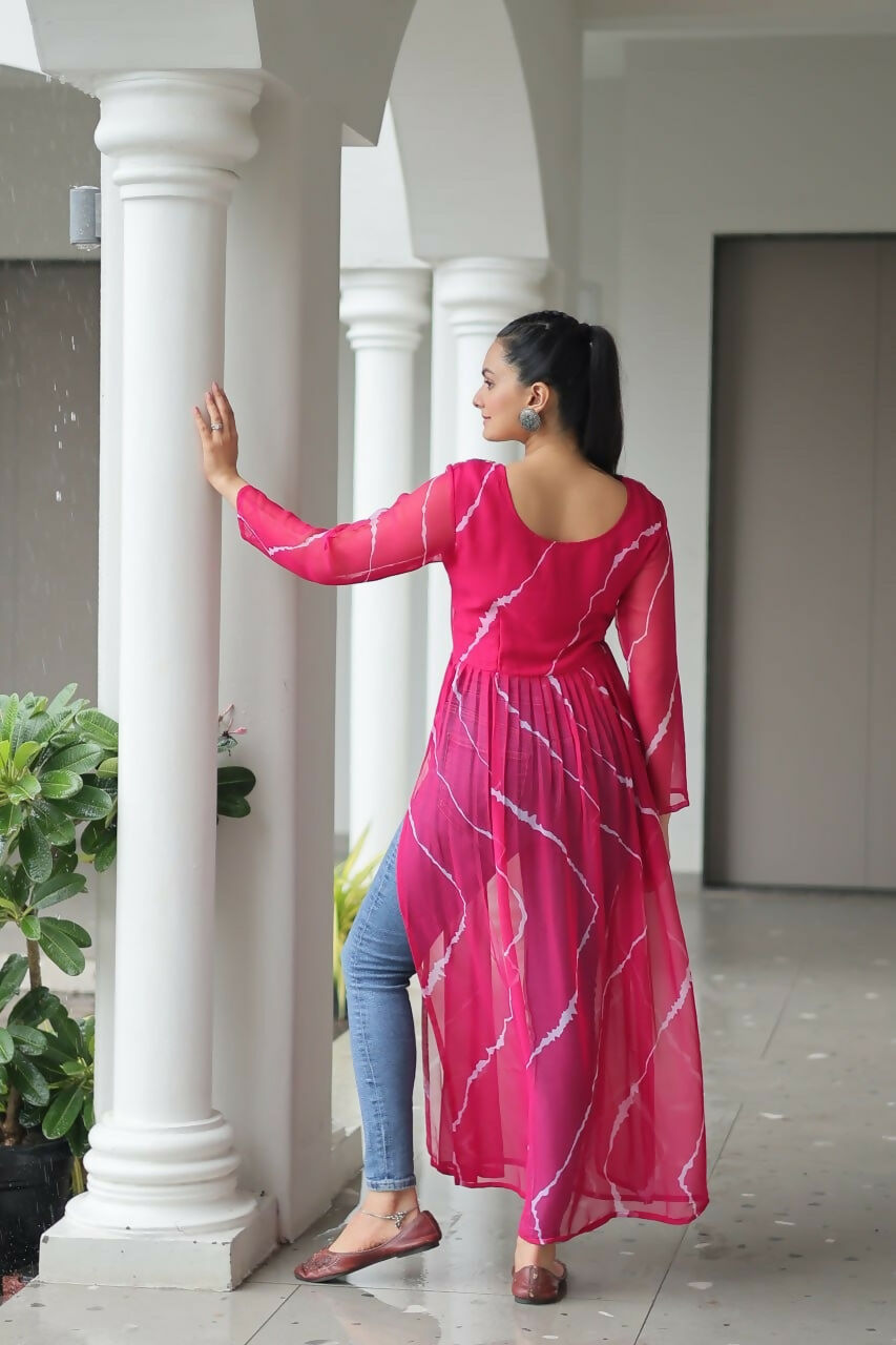 Vastranavya Pink Navratri Special Kutchi Patch Work with Leheriya Printed Kurti | Grocsy