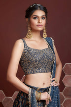 Wedding Designer Navy Blue Chinon Silk Lehenga Choli - Anbazaar | Grocsy