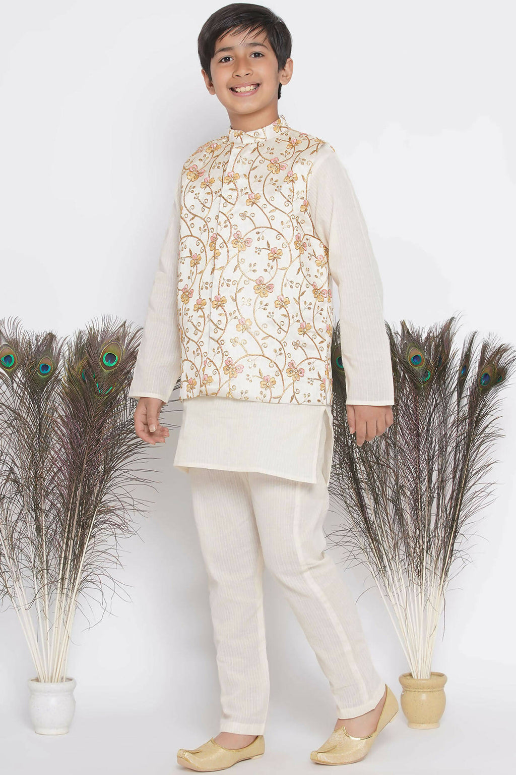 Little Bansi Banarsi Silk Orange Pink Floral Embroidery Jacket with Cotton Kantha kurta and Kantha Pyjama - Cream | Grocsy