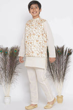 Little Bansi Banarsi Silk Orange Pink Floral Embroidery Jacket with Cotton Kantha kurta and Kantha Pyjama - Cream | Grocsy
