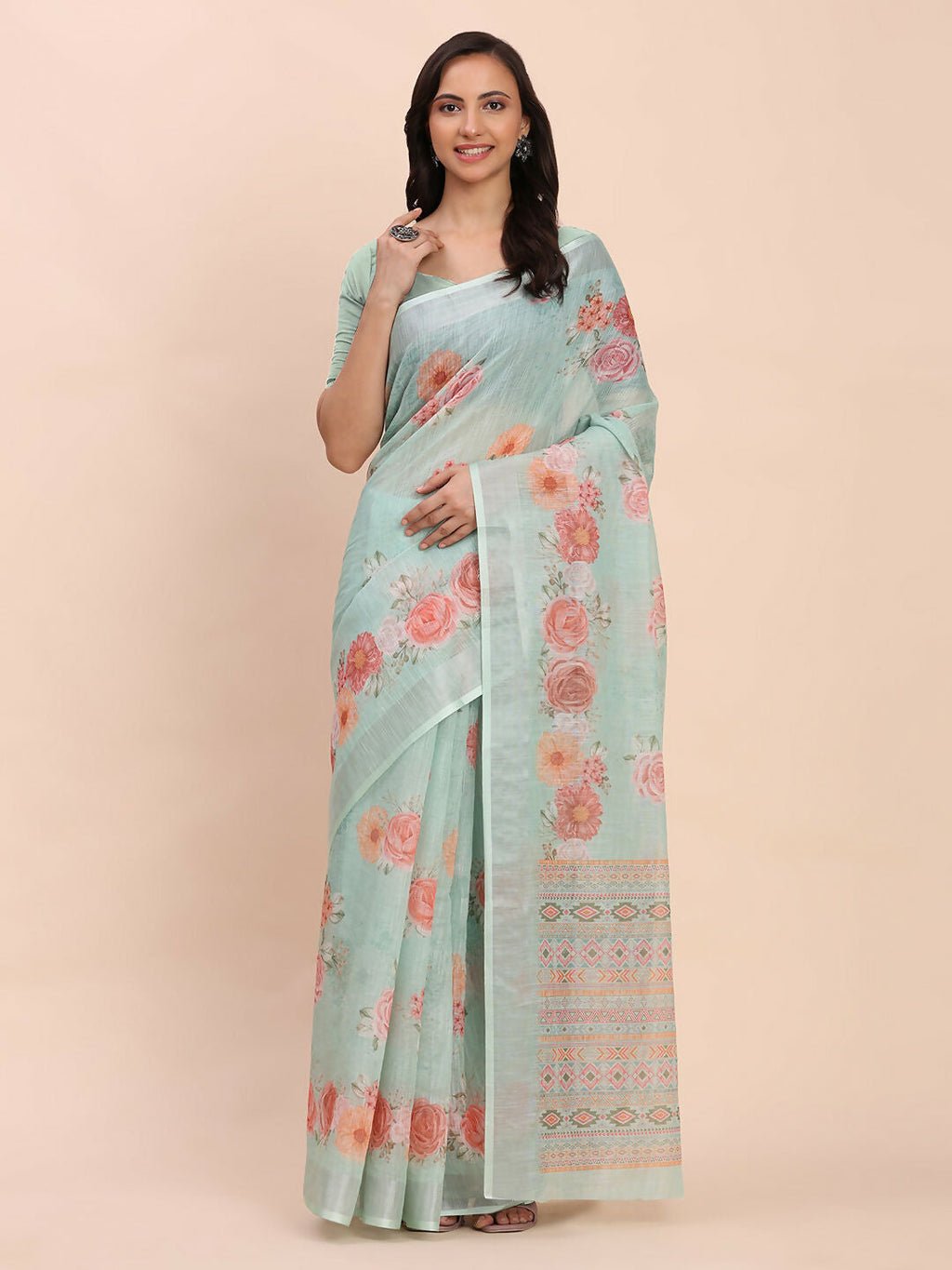 Shree Shyam Fashion Linen Cotton Sea Green Saree | Grocsy