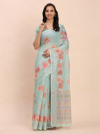 Shree Shyam Fashion Linen Cotton Sea Green Saree | Grocsy