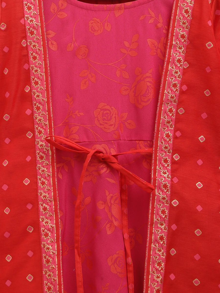 Ahalyaa Dark Pink Crepe Khari Print kids Dress Attached Jacket For Girls | Grocsy