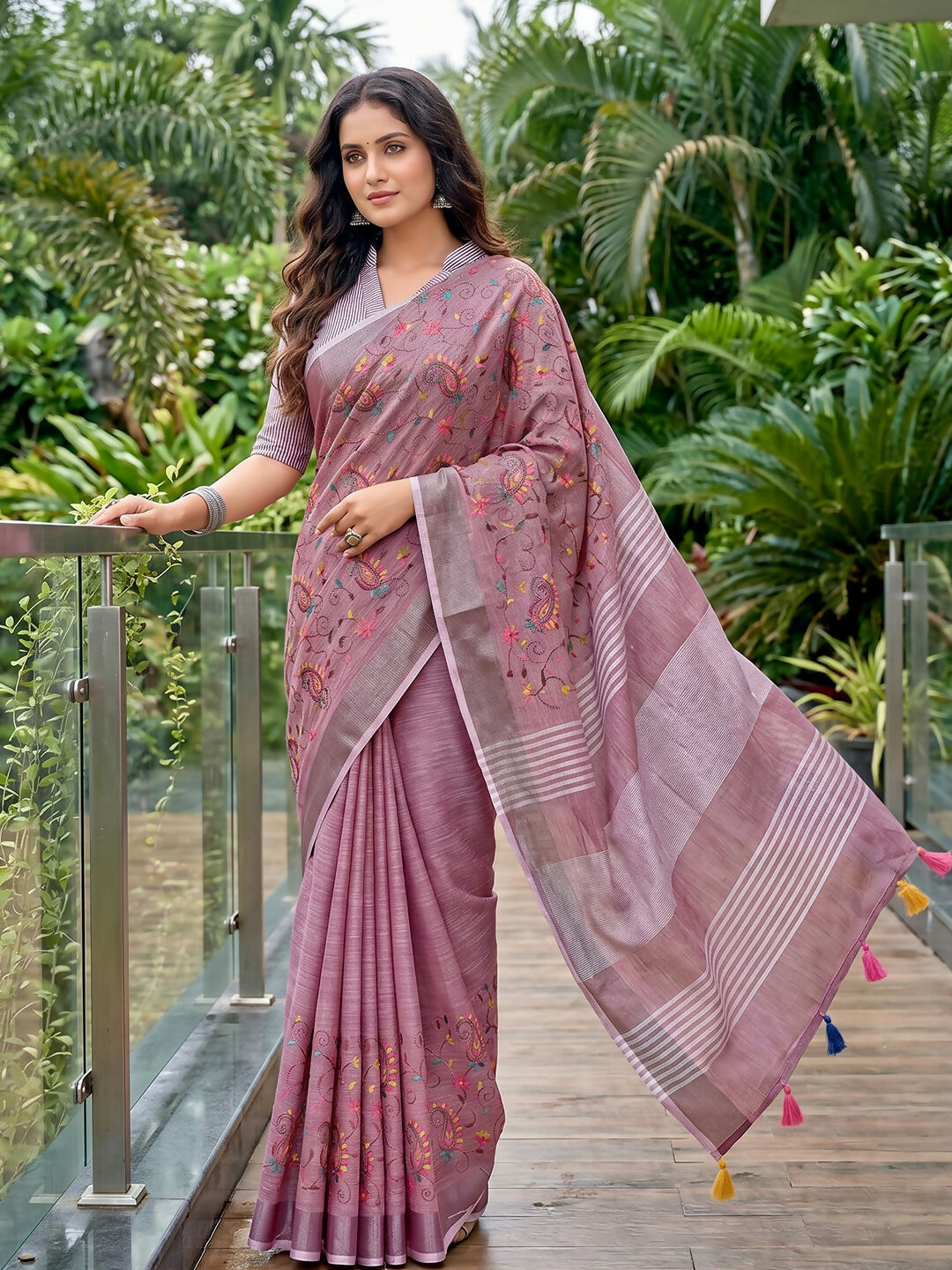 Shree Shyam Fashion Purple Linen Saree | Grocsy