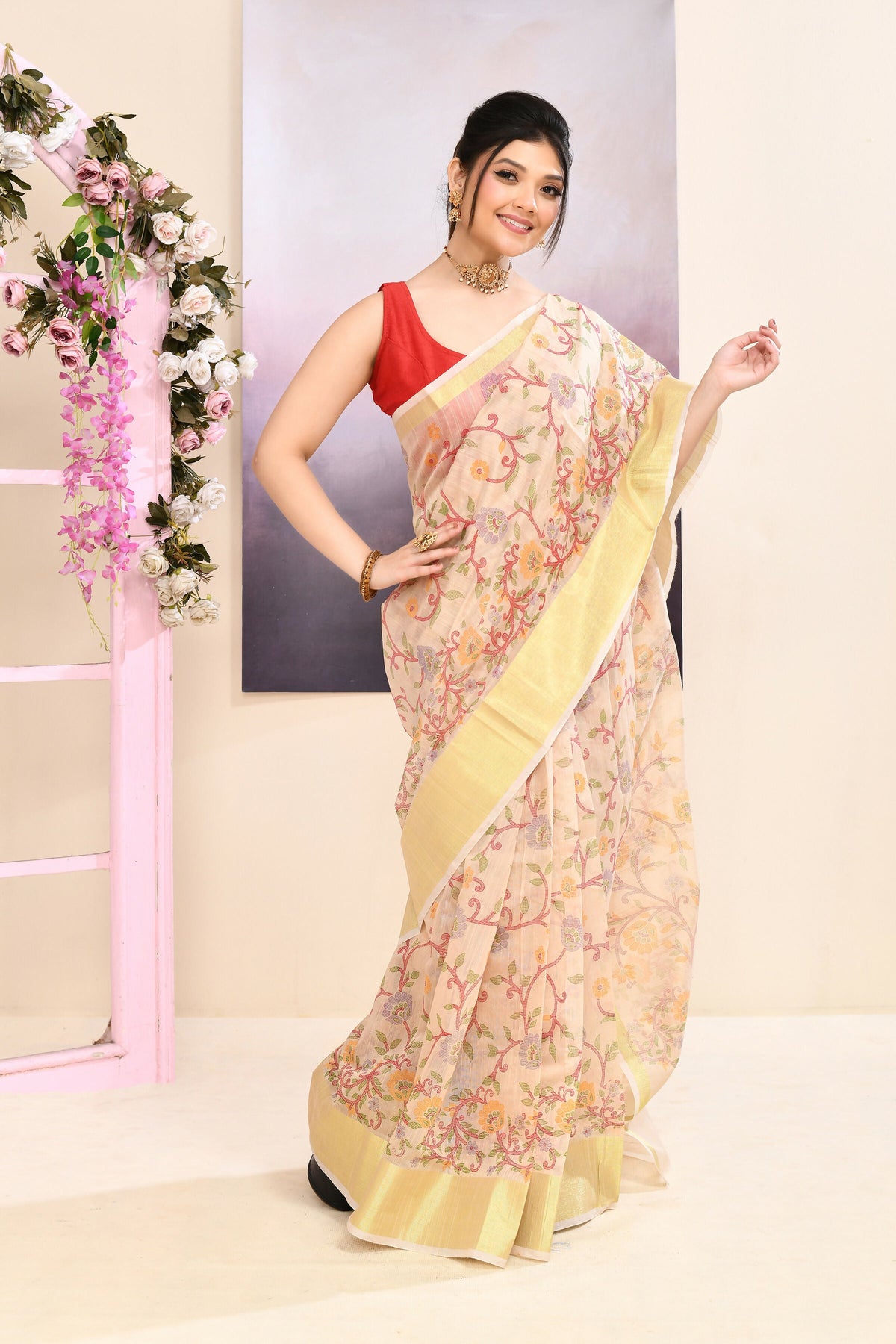 Piyari Fashion Women's Beige Embellished Cotton Blend Printed Saree | Grocsy