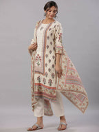 Juniper Women's Beige Cambric Floral Placement Printed Straight Fit Kurta Sets | Grocsy