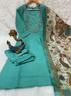 Teeya Creation Women Sky Green Embroidered Kurta Set With Dupatta | Grocsy