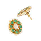 Nuyug 22K Gold-Plated Green Kundan Studded & Pearls Beaded Floral Shaped Studs | Grocsy