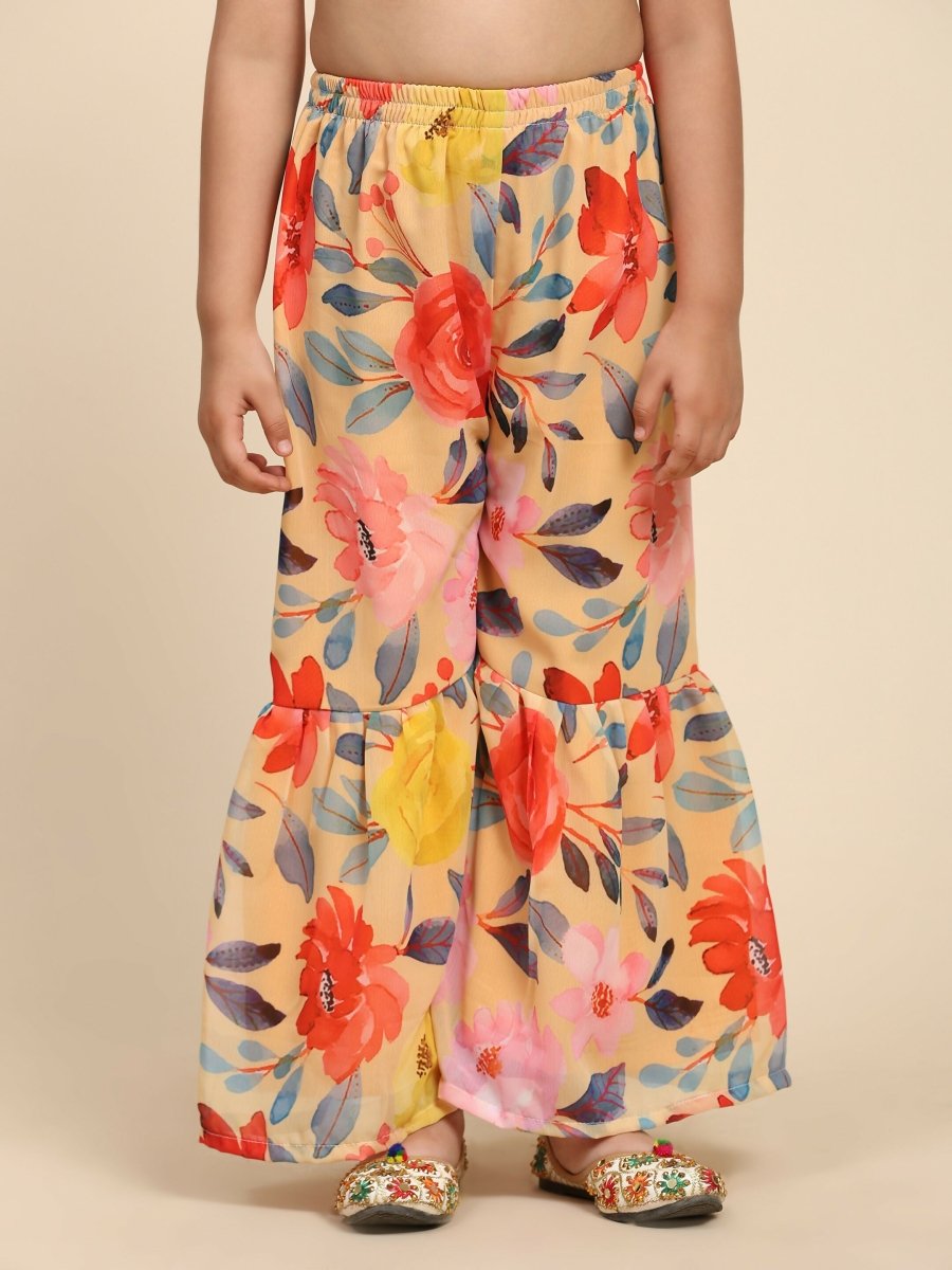 Alakhi Studio Girls Floral Georgette Printed V-Neck Kurta With Sharara - Mustard | Grocsy