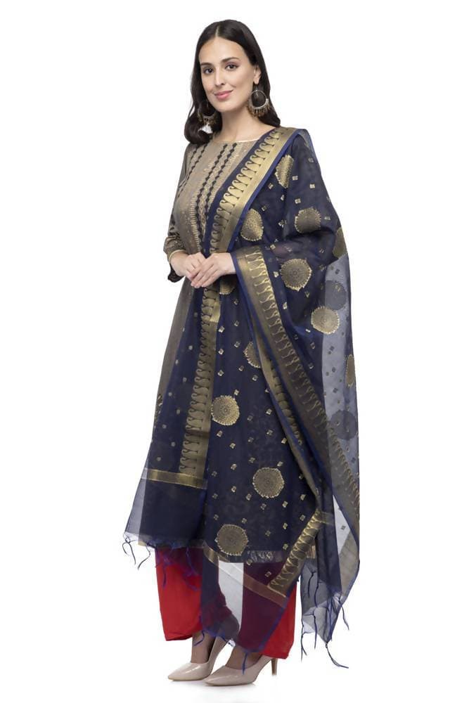 A R Silk Women's Vanarsi Silk Zari Border Embroidery Navy Blue Fancy Dupatta | Grocsy