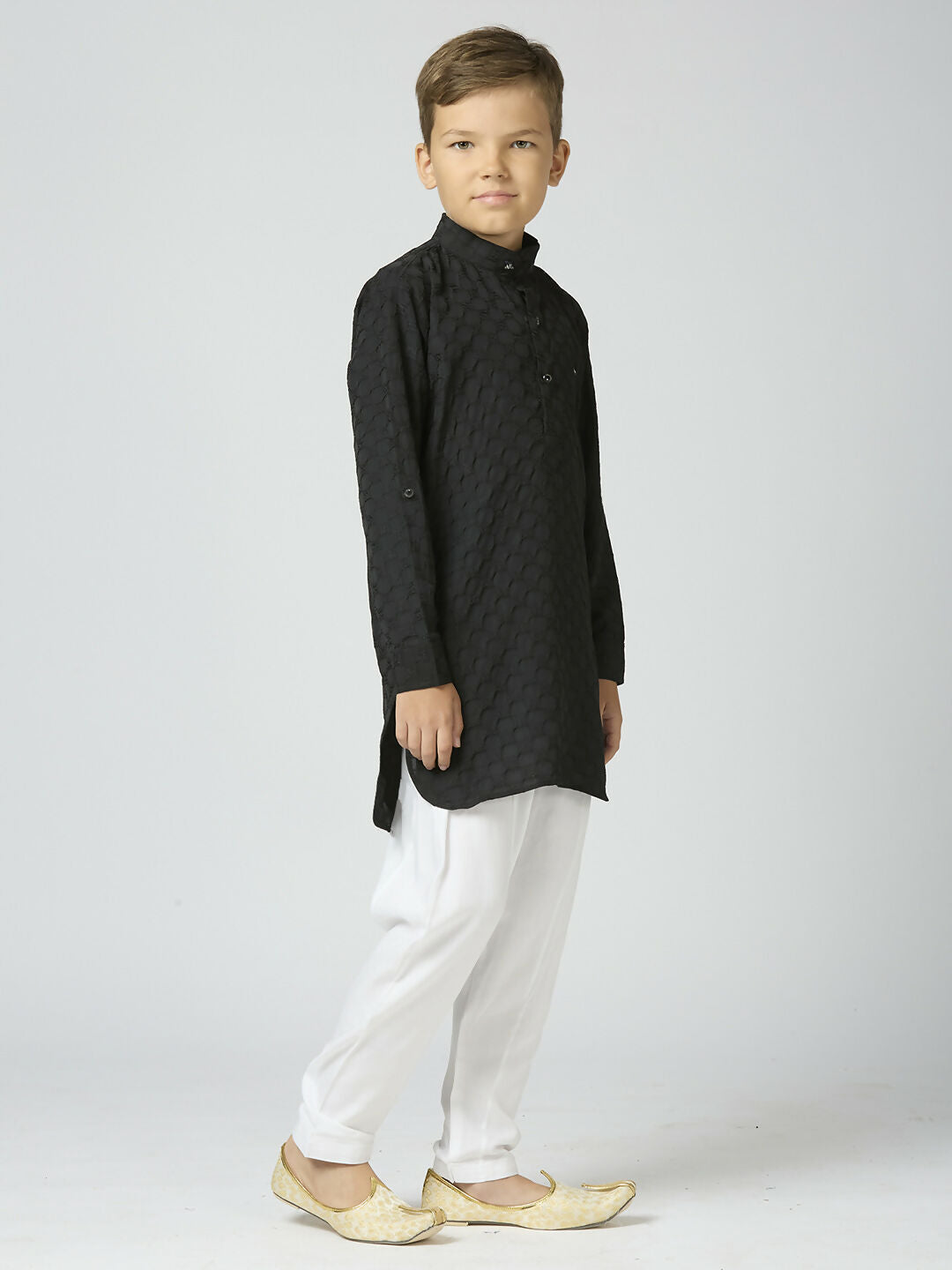 Joban Fashion Kids Island Full Sleeves Texture Cotton Kurta and Pyjama Set - Black | Grocsy
