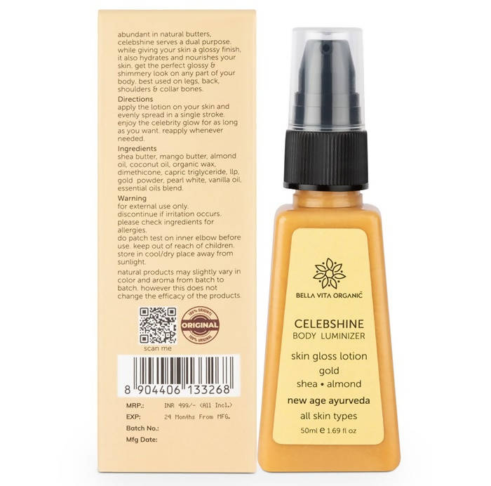 Bella Vita Organic Celeb Shine Body Luminizing Shimmer skin Gloss Lotion Gold Shea Butter Almond | Grocsy