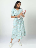 Manet Frill With Sleeve Maternity Dress Floral Print With Concealed Zipper Nursing Access - Green | Grocsy