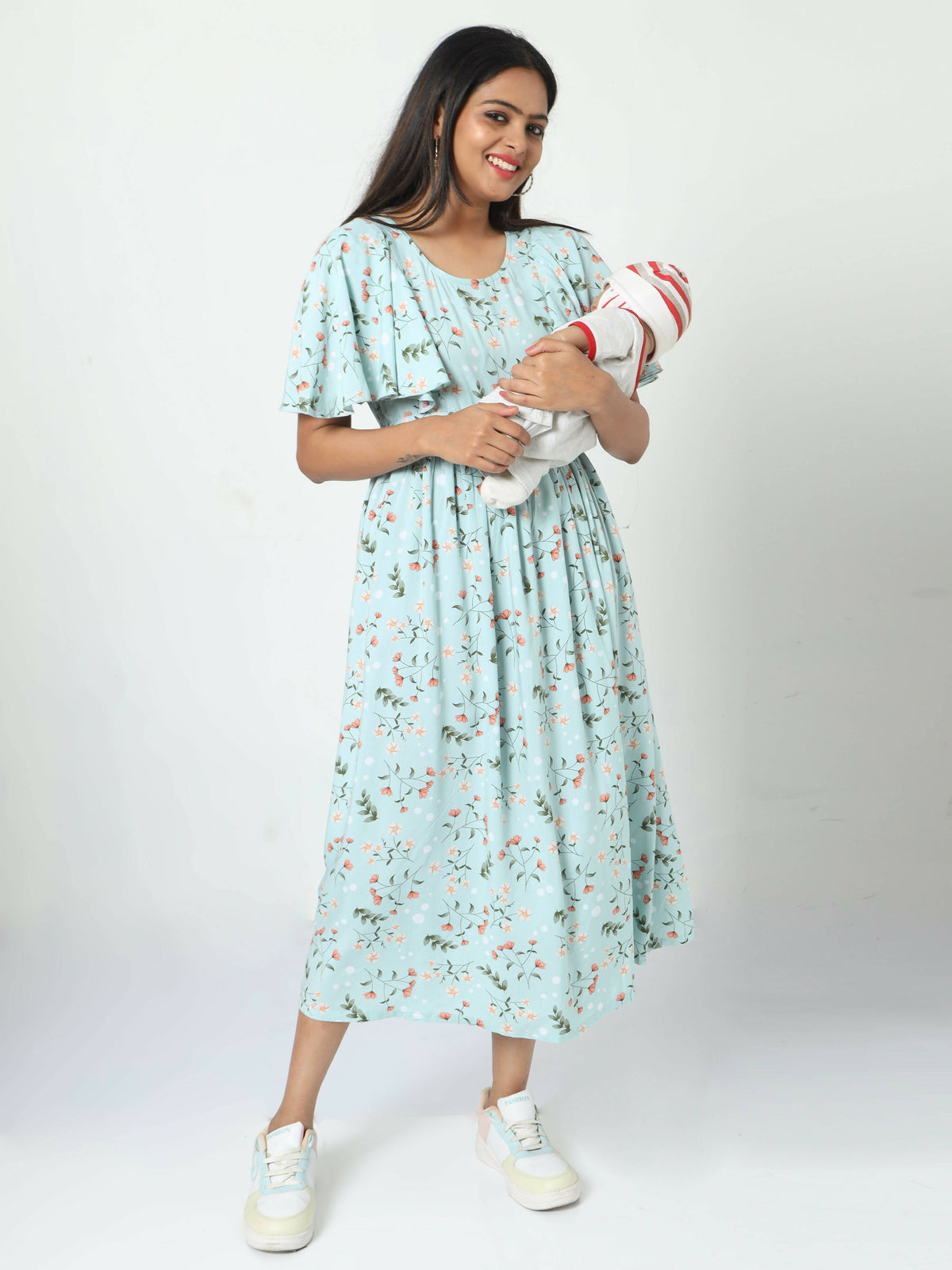 Manet Frill With Sleeve Maternity Dress Floral Print With Concealed Zipper Nursing Access - Green | Grocsy