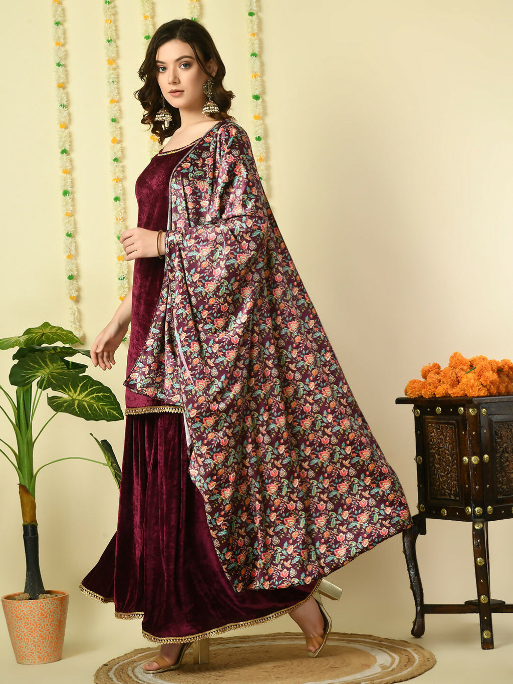 Myshka Women's Magenta Velvet Kurti & Sharara With Dupatta Party Sets | Grocsy