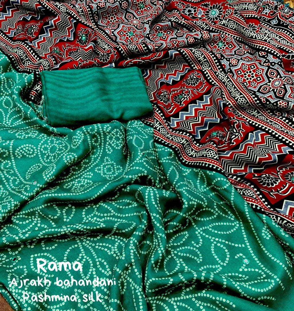 Green Silk Blend Ajrak Saree with Unstitched Blouse - A2M | Grocsy