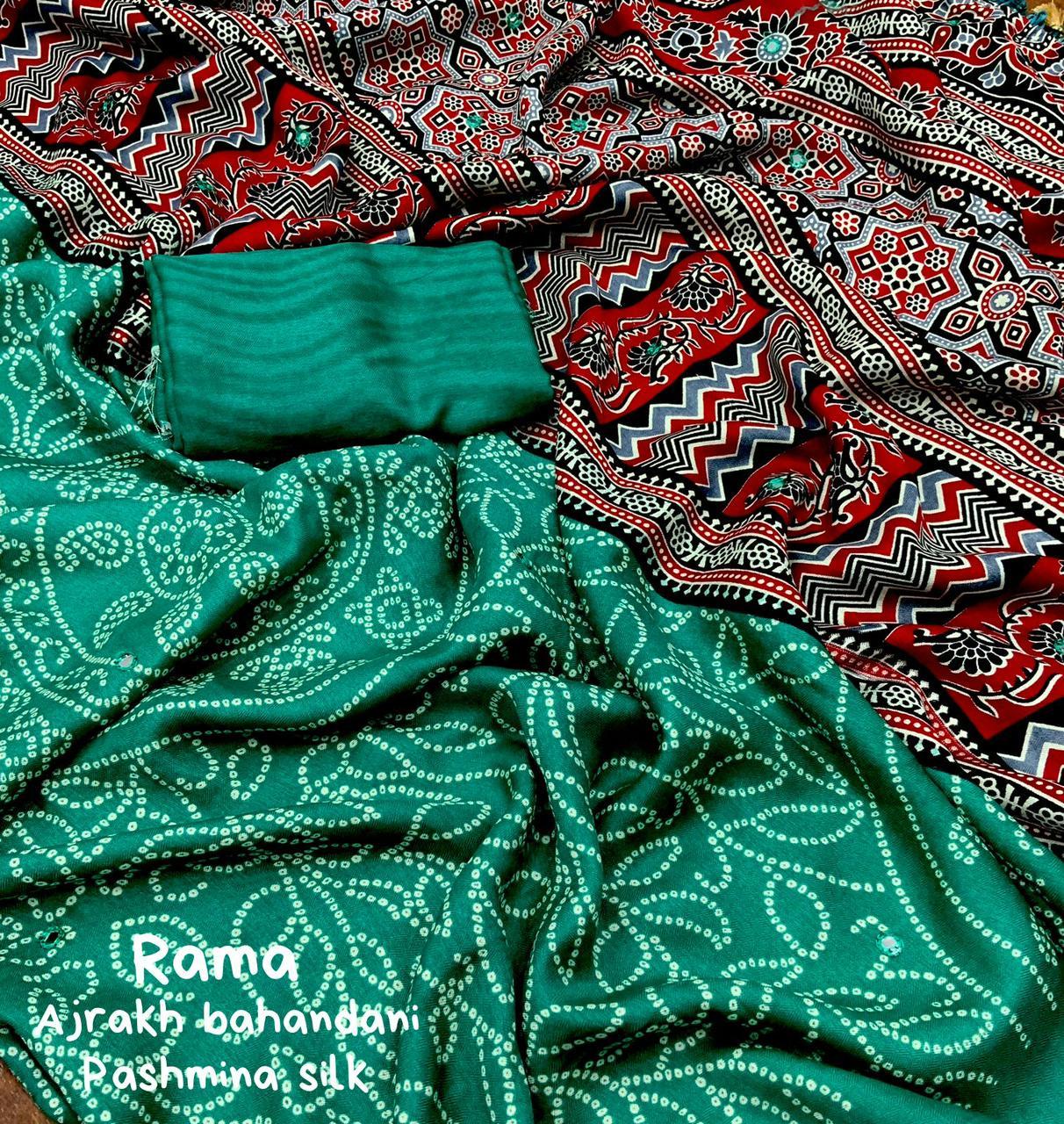 Green Silk Blend Ajrak Saree with Unstitched Blouse - A2M | Grocsy
