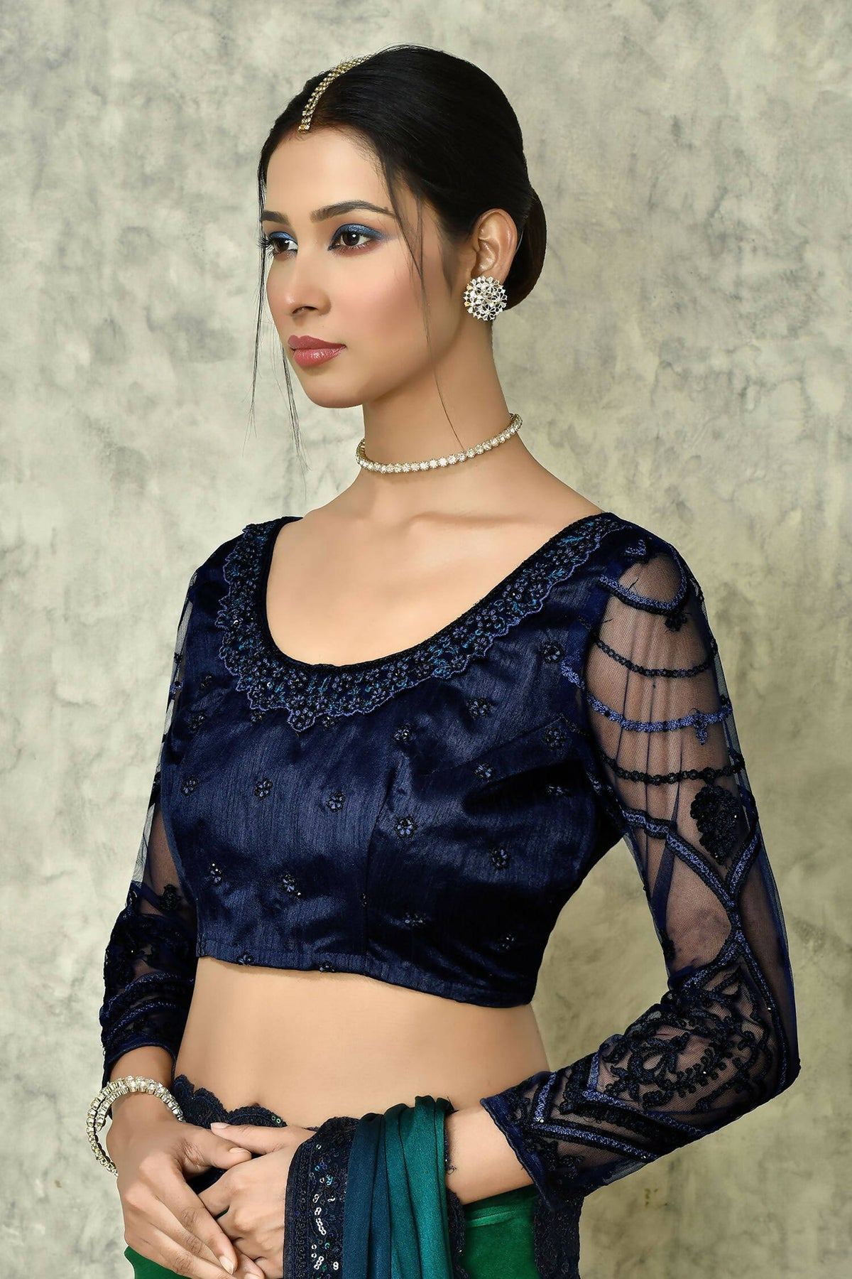 Green & Blue Silk Plain Saree with Blouse Piece - Purvi | Grocsy