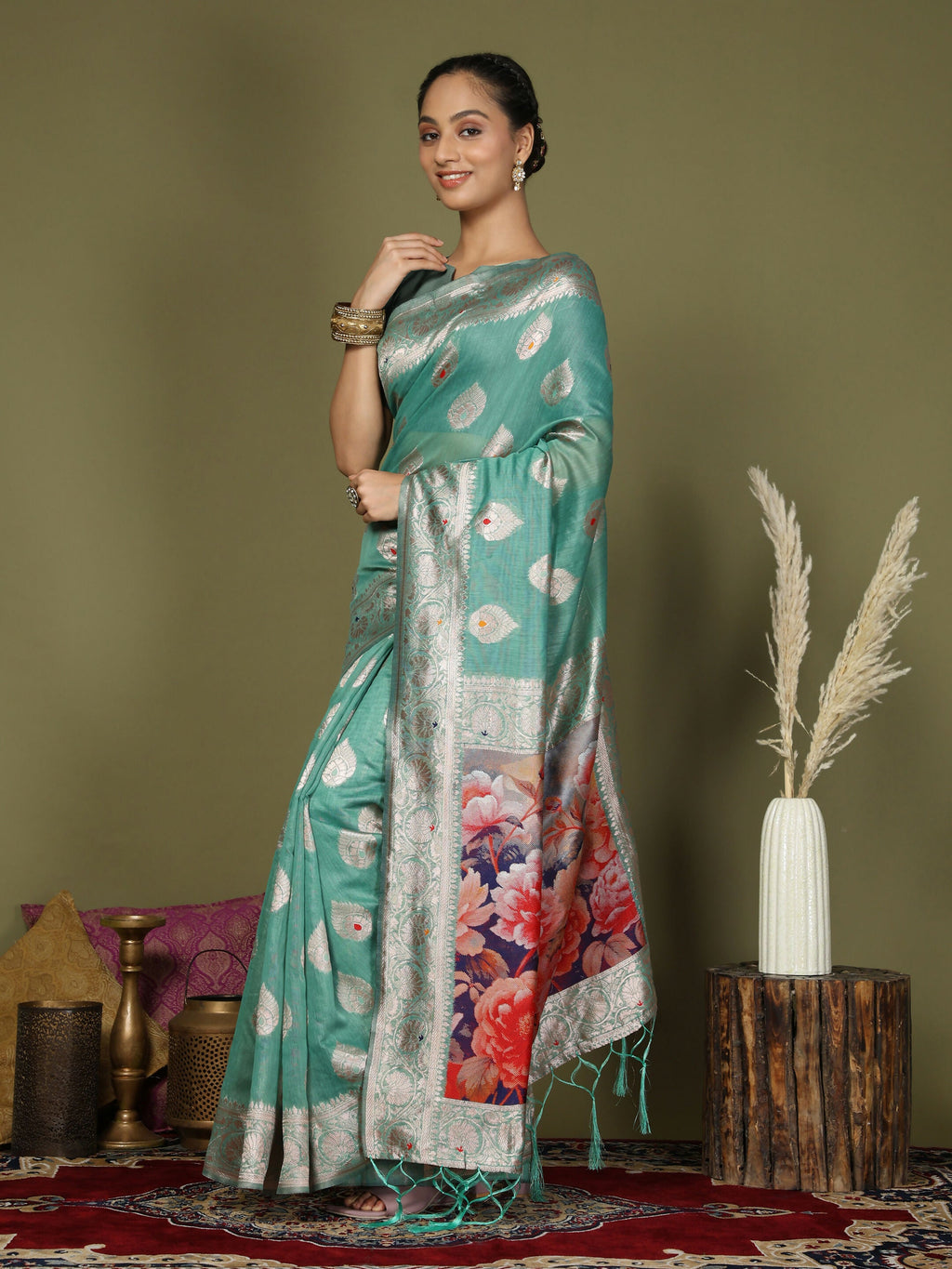 Shree Shyam Fashion Linen Cotton Rama Green Saree | Grocsy