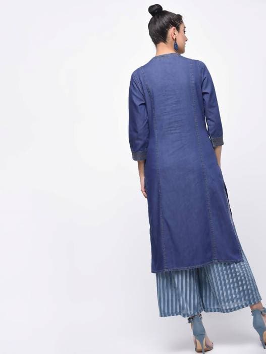 Aniyah Denim Princess Line Straight Kurta In Blue (AN-128K) | Grocsy