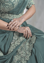 Aqua Blue Crepe Satin Silk Designer Ready to wear saree with stithced Blouse - Mohmanthan Aura | Grocsy