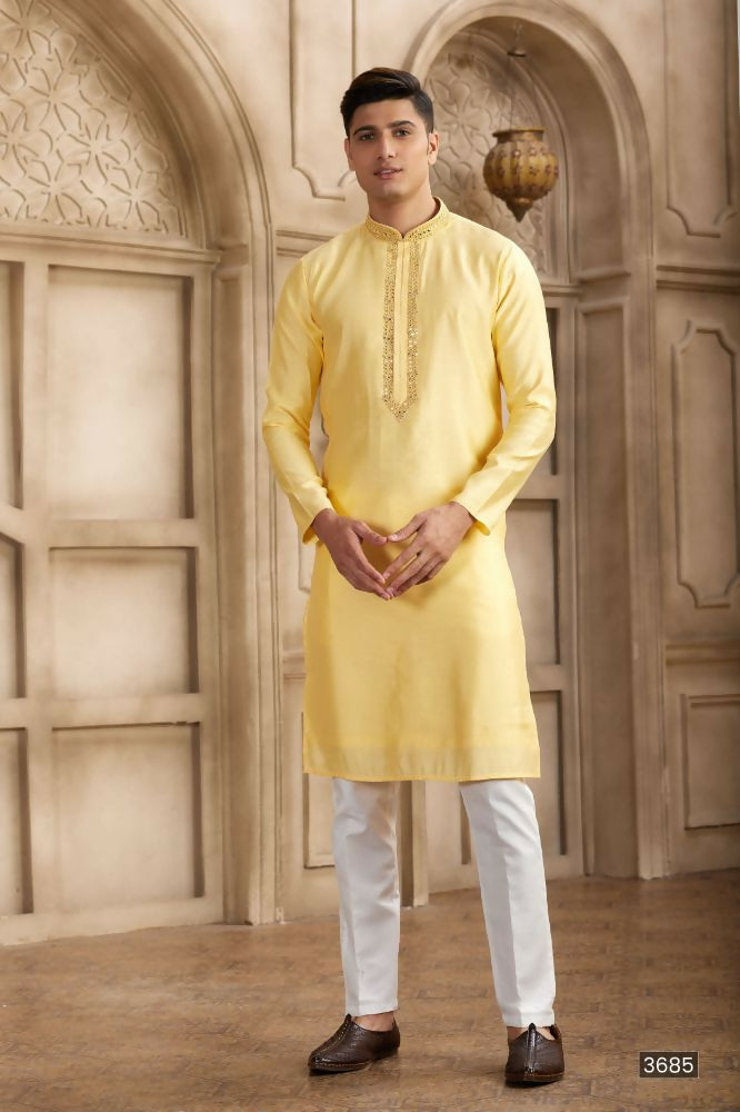 Raivat Ethnic Banarasi Art Silk Mirror Work Kurta Pajama In Yellow Colour | Grocsy