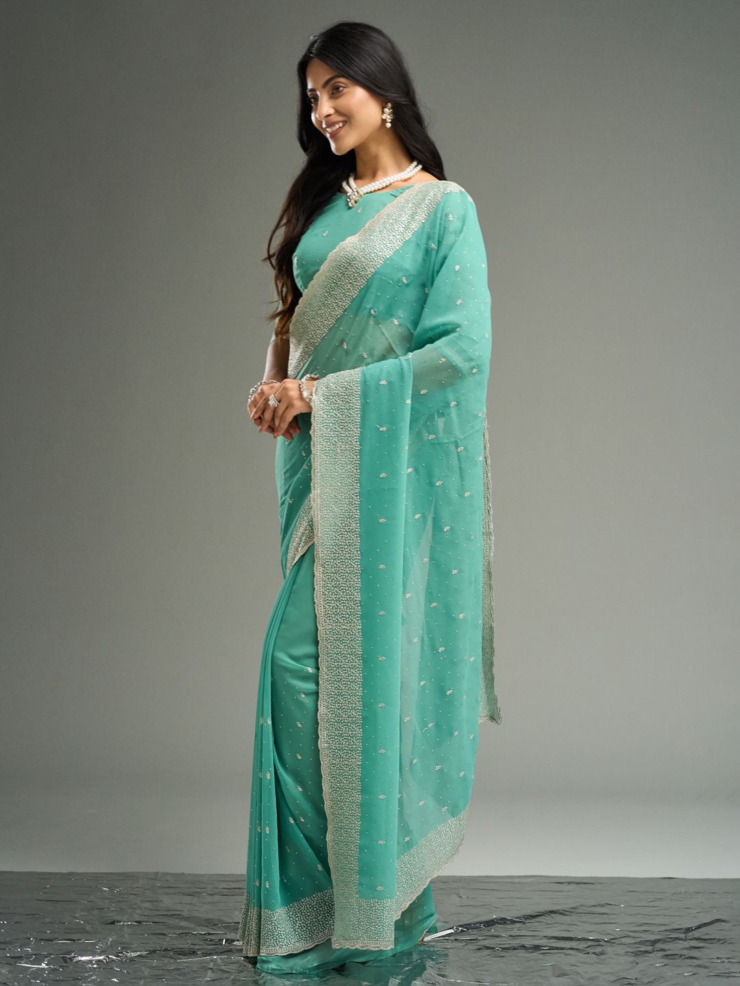 kasee Floral Embroidered Beads and Stones Pure Georgette Saree | Grocsy