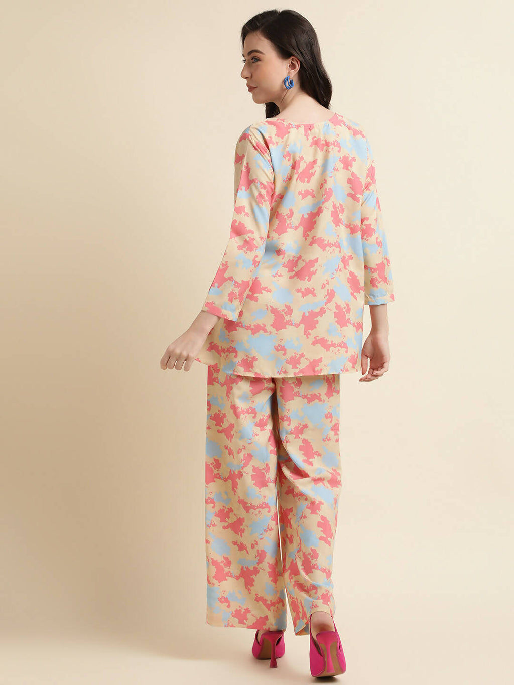 Beige & Pink Poly Crepe Digital Printed Top with Matching Bottom - Preeti | Grocsy