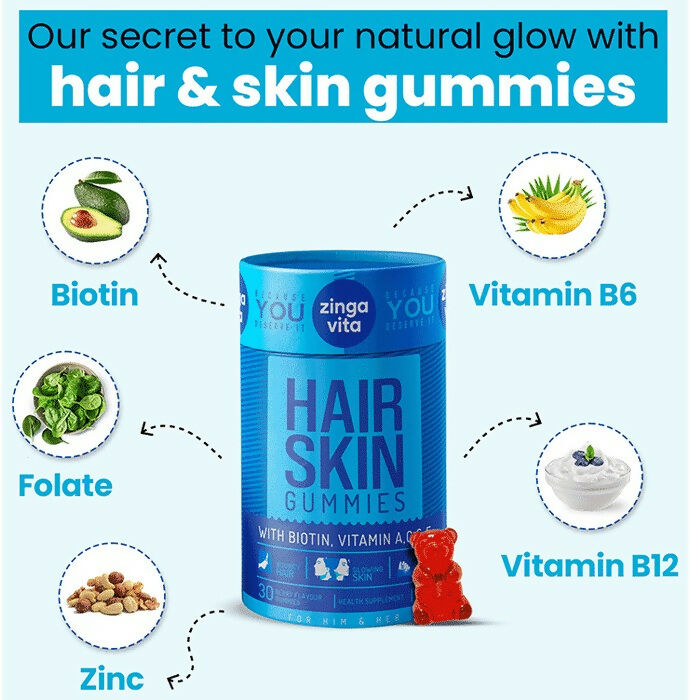 Zingavita Hair Skin Gummies with Biotin, Vitamin A C & E | Grocsy