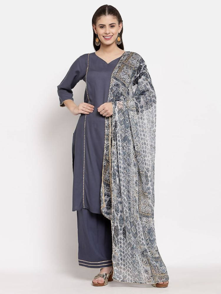 Myshka Women's Grey Cotton Solid 3/4 Sleeve V Neck Casual Kurta Palazzo Dupatta Set | Grocsy