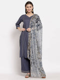 Myshka Women's Grey Cotton Solid 3/4 Sleeve V Neck Casual Kurta Palazzo Dupatta Set | Grocsy