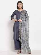 Myshka Women's Grey Cotton Solid 3/4 Sleeve V Neck Casual Kurta Palazzo Dupatta Set | Grocsy