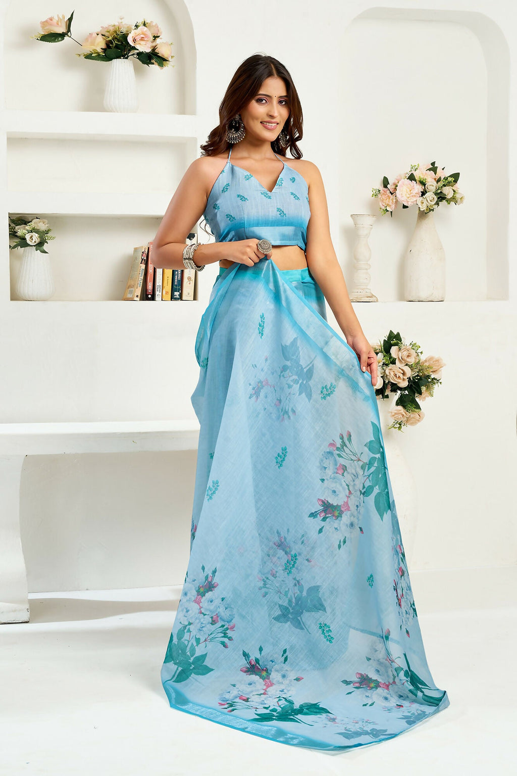 Vastranavya Sea Blue Digital Printed Linen Ready To Wear Designer Saree with Unstitched Blouse | Grocsy