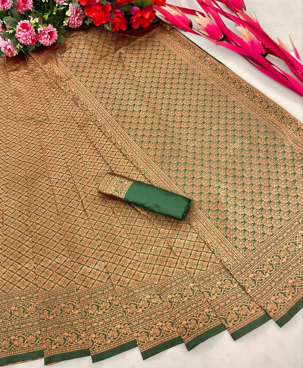 DEIANA'S Beautiful Designer Golden zari Soft Lichi Silk Saree - Green | Grocsy