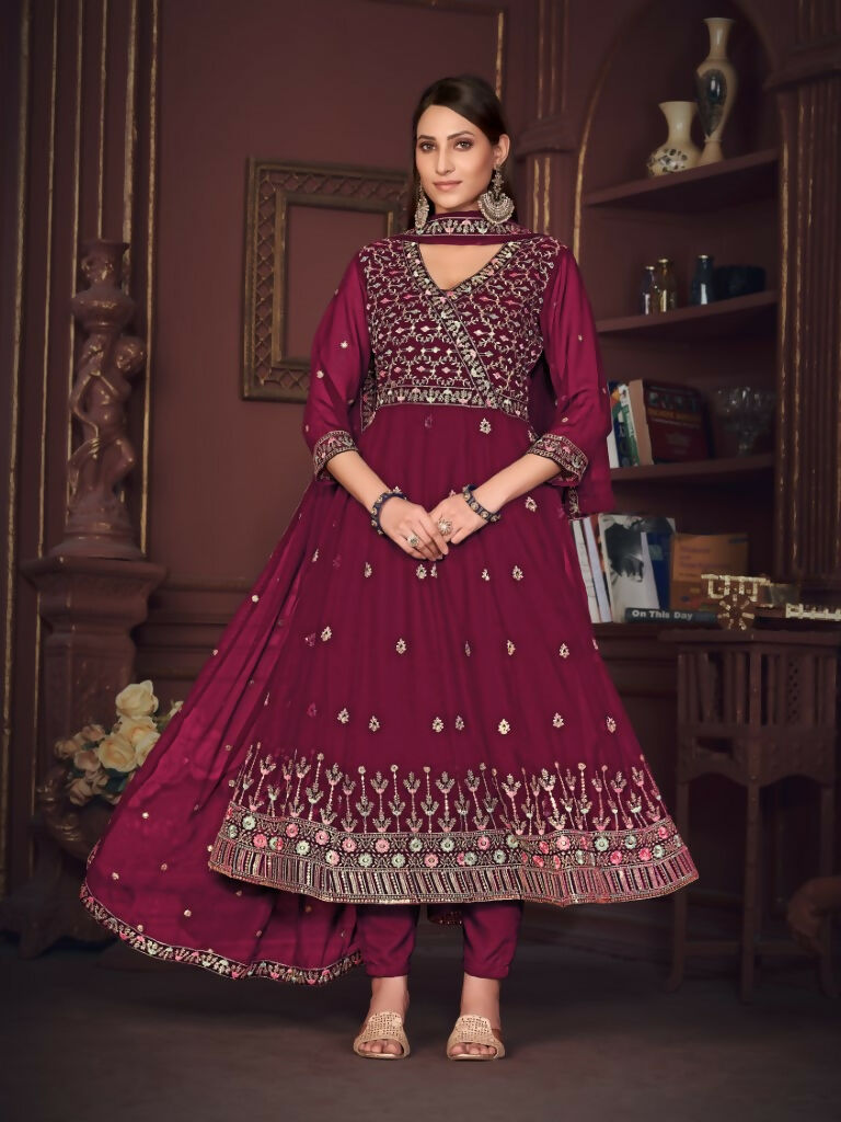 Jyoti Fashion Women's Rani Pink Georgette Embroidered Anarkali Kurta Pant Set With Dupatta | Grocsy
