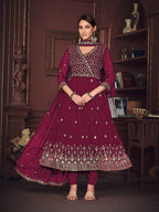 Jyoti Fashion Women's Rani Pink Georgette Embroidered Anarkali Kurta Pant Set With Dupatta | Grocsy