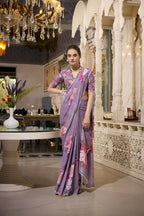 Vastranavya Grey Spectacular Georgette Printed with Pearl Lace Saree with Unstitched Blouse | Grocsy