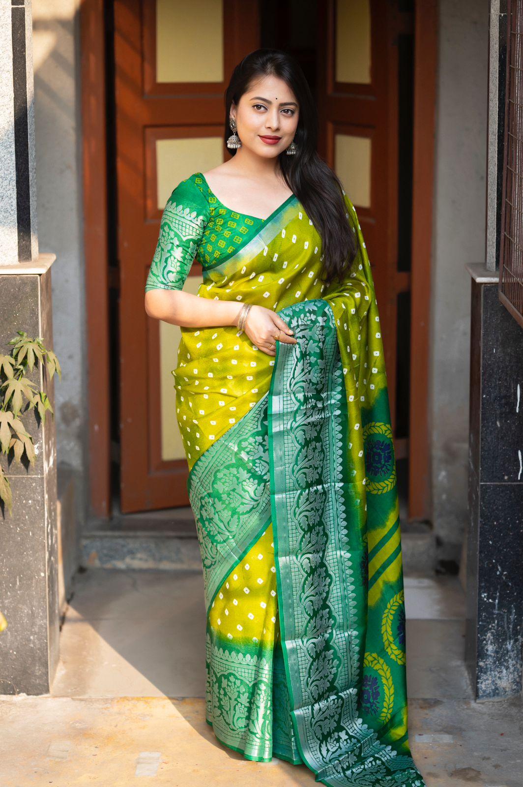 Green Jute Silk Printed Saree with Unstitched Blouse - Hiral Fashion | Grocsy