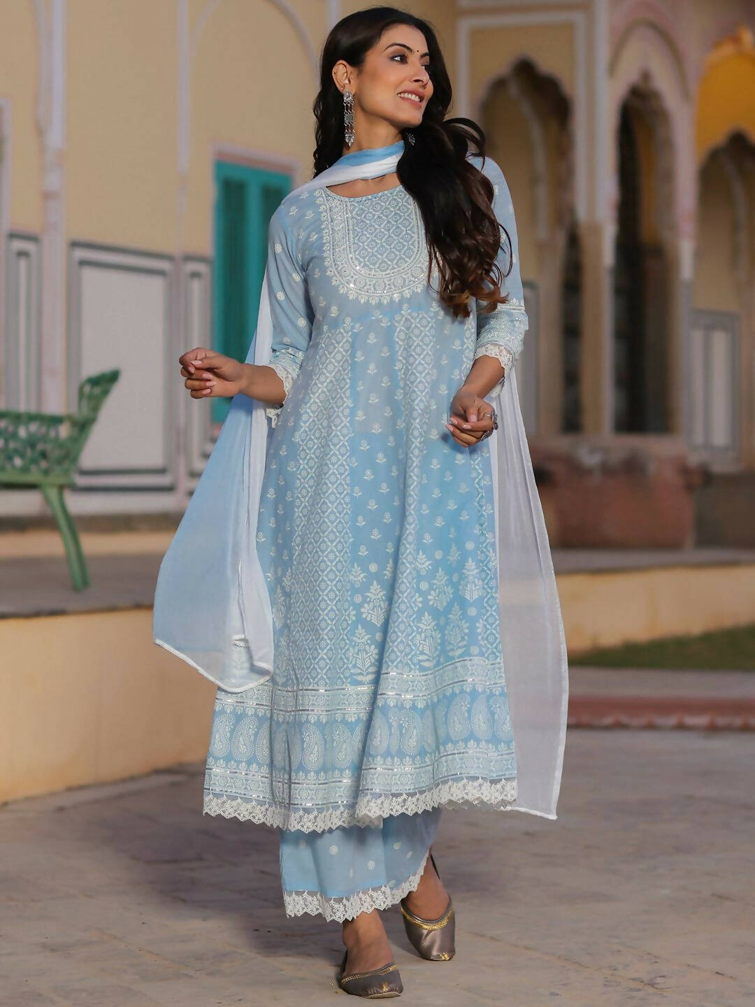 Juniper Women's Powerblue Cambric Floral Printed Anarkali Kurta Sets | Grocsy