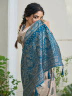 Shree Shyam Fashion Cream With Blue Silk Blend Saree | Grocsy