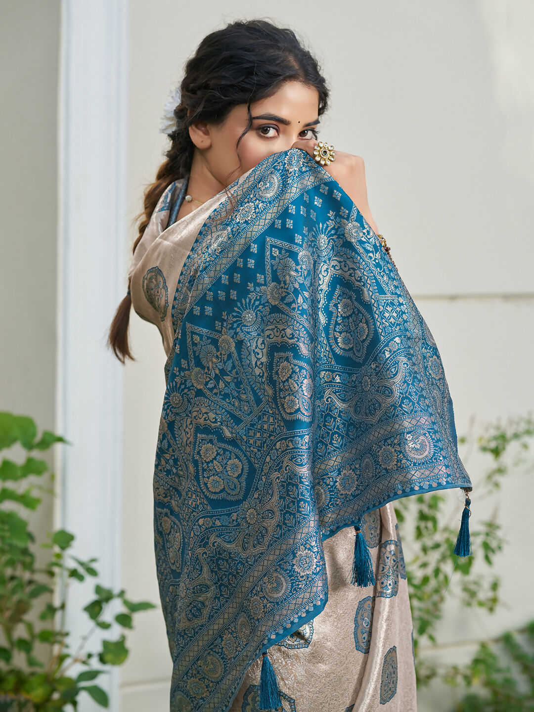 Shree Shyam Fashion Cream With Blue Silk Blend Saree | Grocsy
