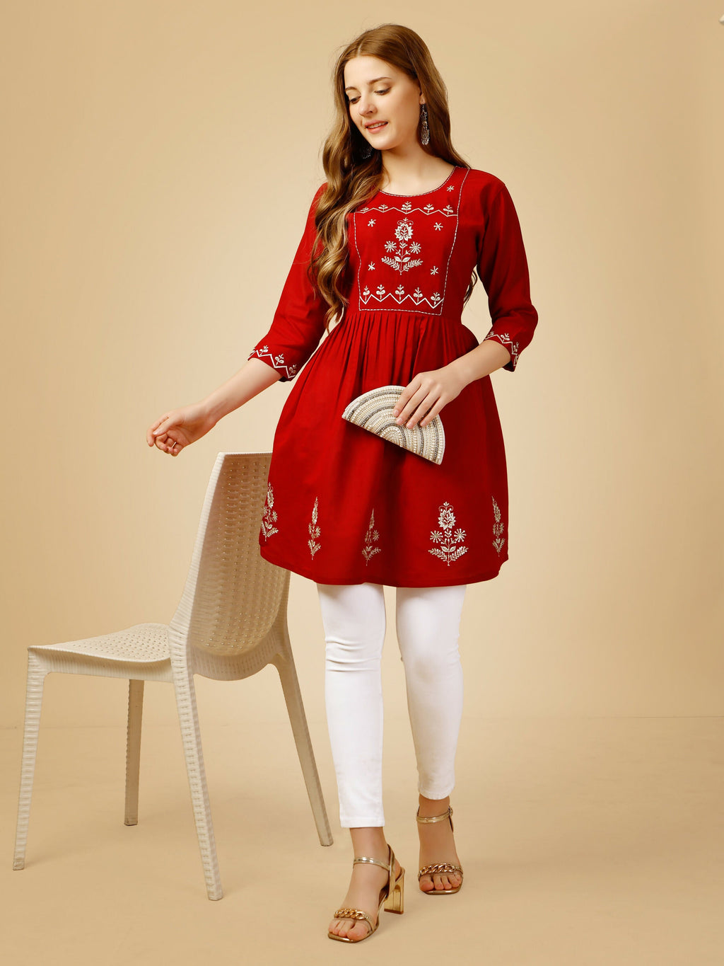 Jyoti Fashion Women's Red Viscose Rayon Embroidered Casual Top | Grocsy