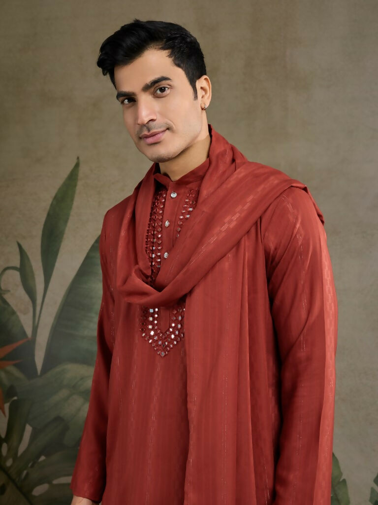 Vastranavya Rust Orange Exclusive Viscose Rayon Festival Wear Real Mirror Work Kurta with Dupatta | Grocsy