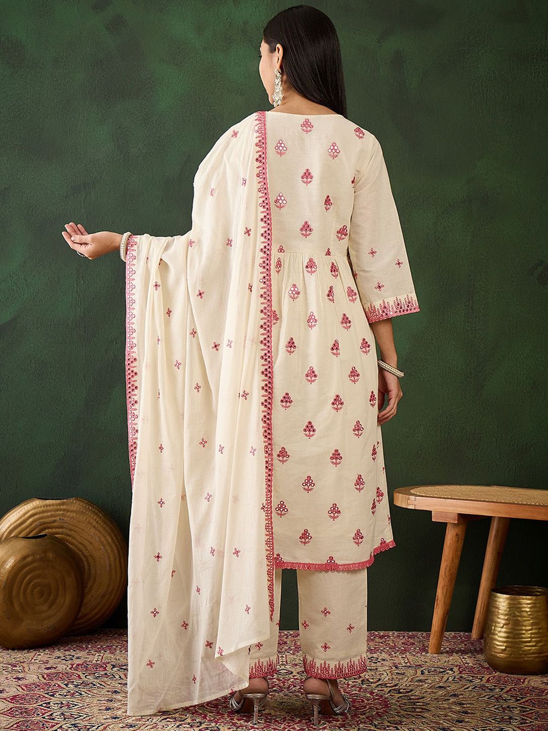 Sangria Off White Floral Embroidered Pure Cotton Mirror Work Kurta & Trouser With Dupatta | Grocsy
